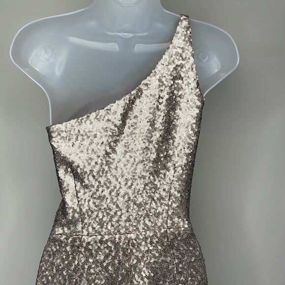 DRESS THE POPULATION Bella Ice Pink Gold Sequin One Shoulder Gown Womens Size XS - Picture 10 of 16
